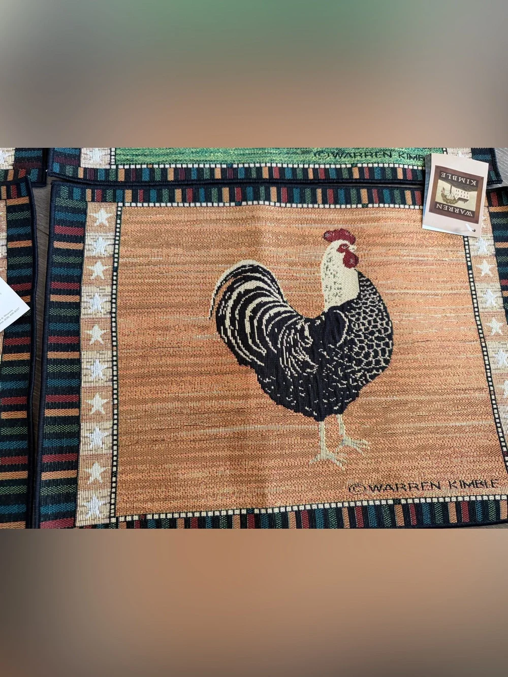 Warren Kimble Set 4 Tapestry Placemats Rooster Various Colors Country Farm Decor